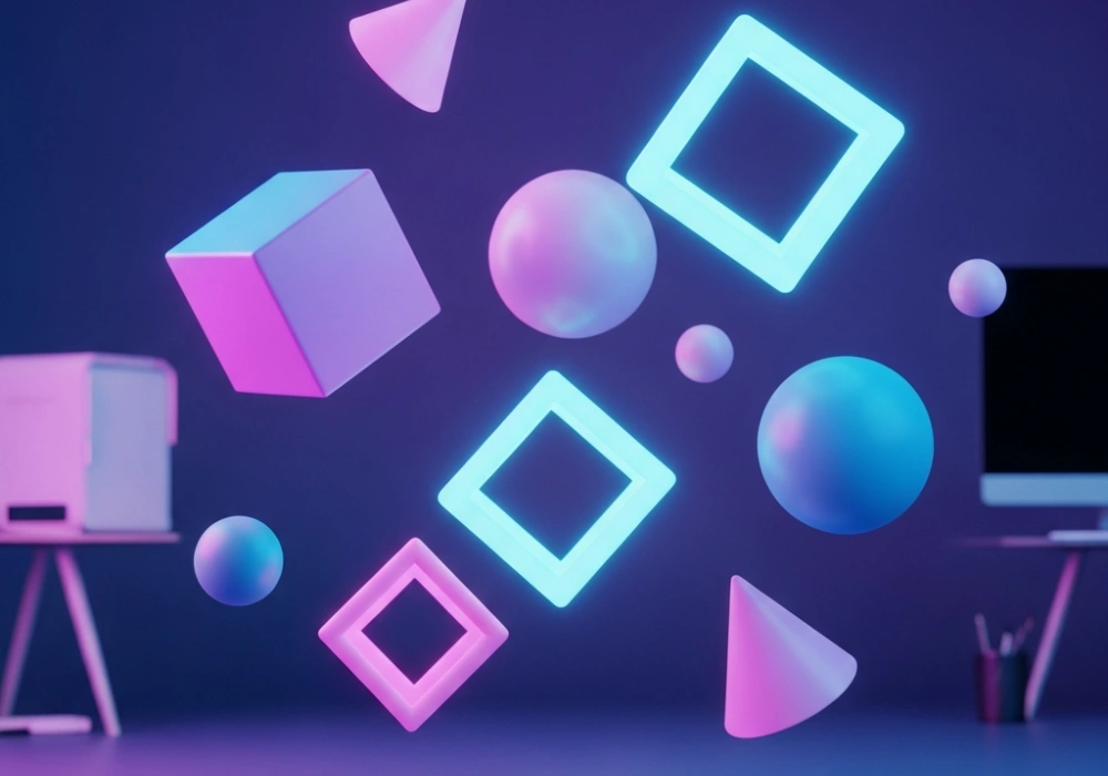 3D geometric shapes and mathematical formulas representing Area, Volume, and Surface Area for NIFT GAT preparation.