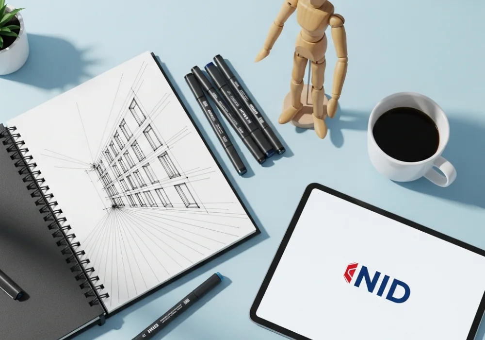 A creative designer's workspace with a sketchbook, markers, and design tools, representing NID DAT preparation and the latest syllabus guide.