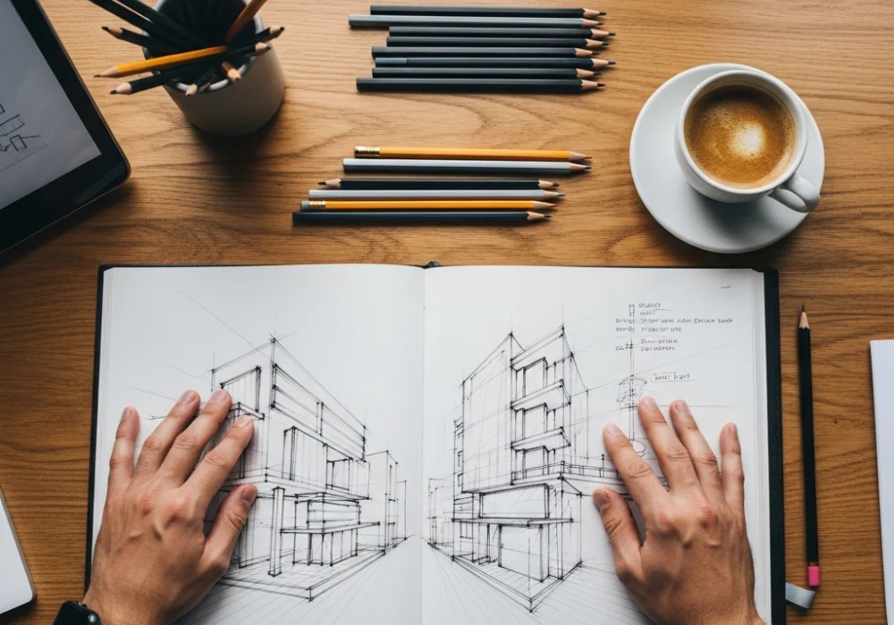 A sketchbook on a wooden desk showing professional perspective sketching for design entrance exam preparation.