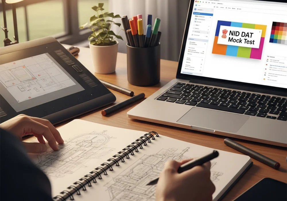 A student's professional design workspace with sketchbooks and markers for NID DAT preparation.