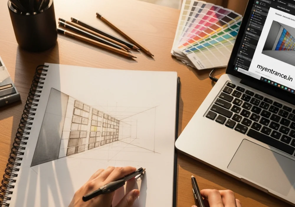 Professional designer desk setup with sketching materials and NID DAT preparation papers.