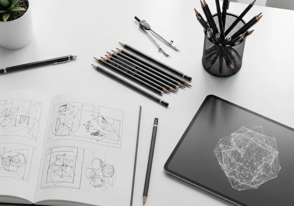 A professional designer's workspace with a sketchbook showing visual perception exercises for NID DAT preparation.
