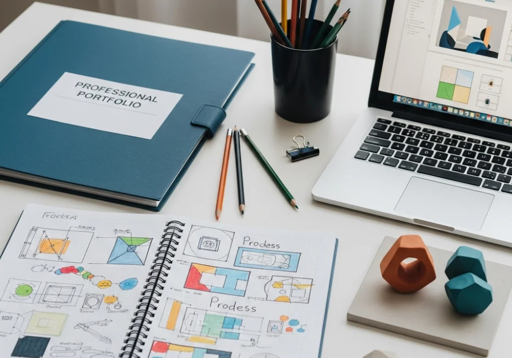 A professional design student portfolio setup with sketches, models, and tools for NID admission preparation.