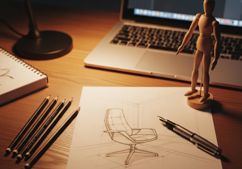 A professional designer's workspace with sketches and pencils, representing NID DAT preparation and result evaluation criteria.