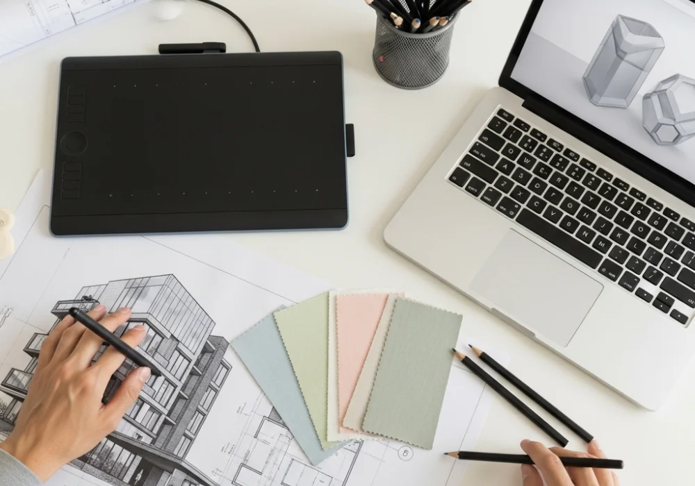 Modern design studio setup with drawing tools, fabric swatches, and a digital tablet representing India's top design schools.
