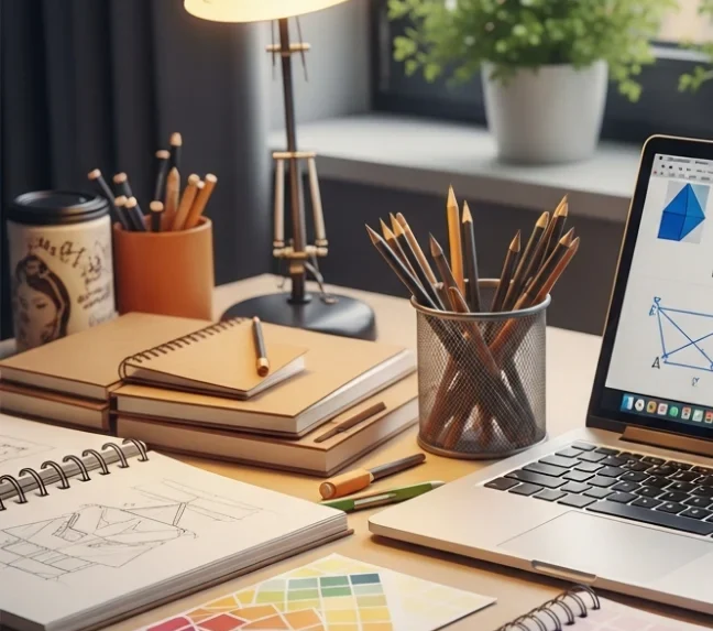 A professional design student workspace with sketching tools and reasoning puzzles representing NID DAT preparation.
