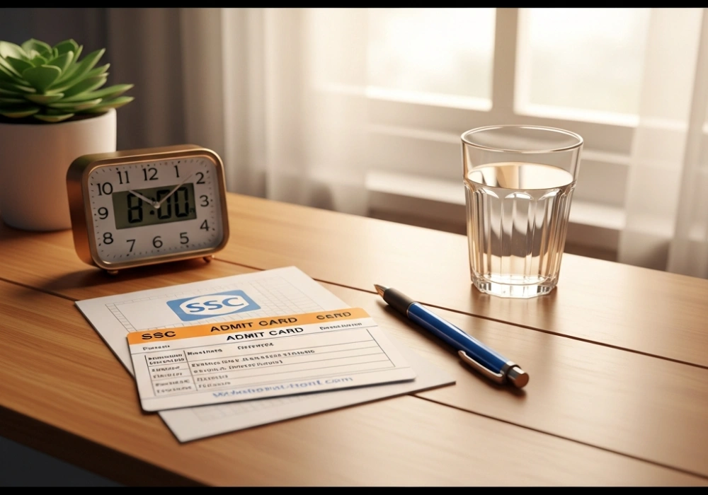 A calm and organized study desk prepared for the SSC exam tomorrow with an admit card and clock.