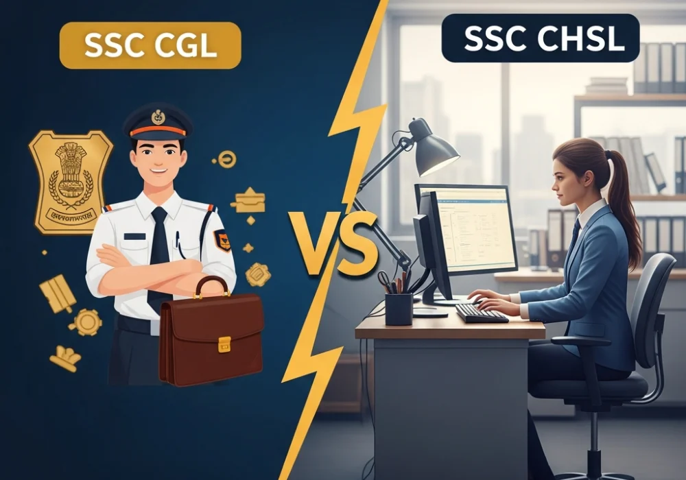 SSC CGL vs SSC CHSL comparison showing an officer and an administrative clerk side by side.