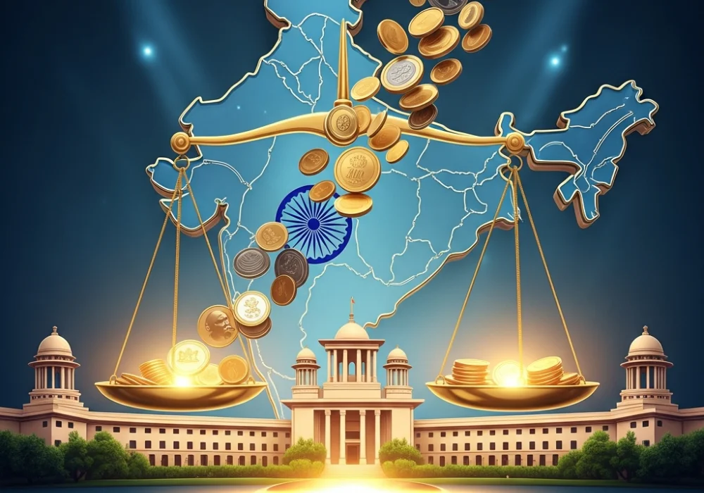 Visual representation of the 16th Finance Commission and Indian fiscal federalism showing resource distribution between center and states.