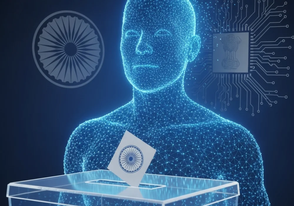Vibrant educational graphic showing the intersection of AI-generated faces and the Indian democratic voting process.