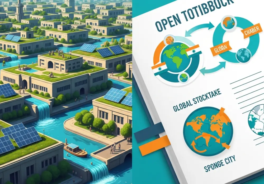 Digital illustration showing urban resilience concepts and climate adaptation strategies for UPSC preparation.