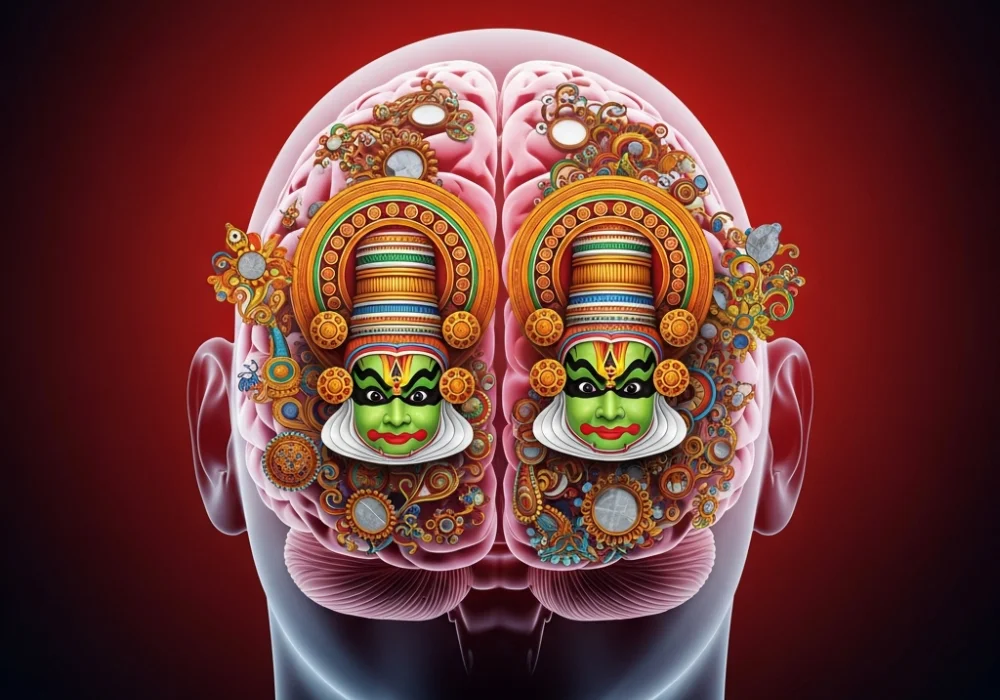 A creative representation of a memory palace for Kerala Arts and Crafts featuring Kathakali masks and murals inside a glowing brain.