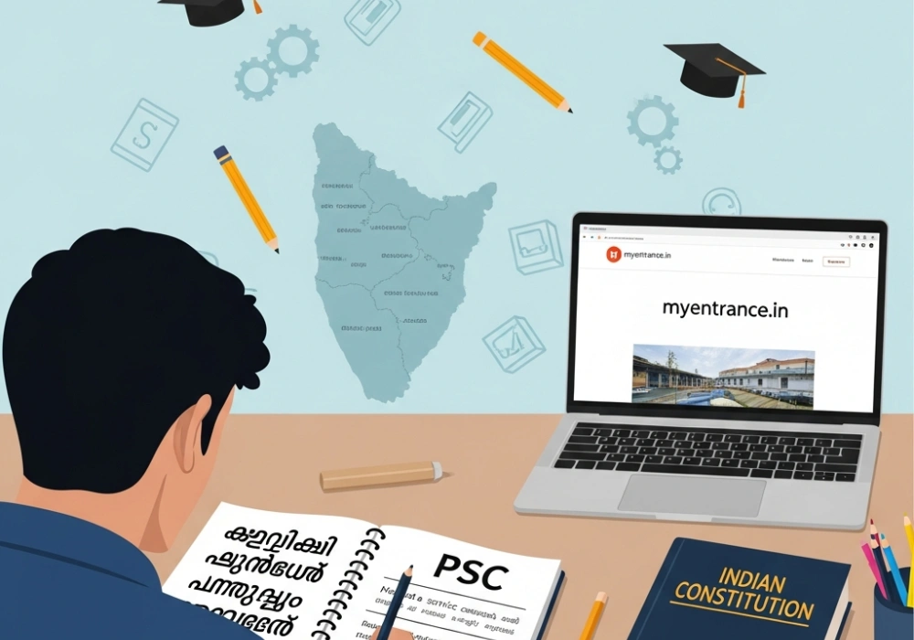 Kerala PSC Degree Level Prelims study guide illustration featuring study materials and myentrance.in website.