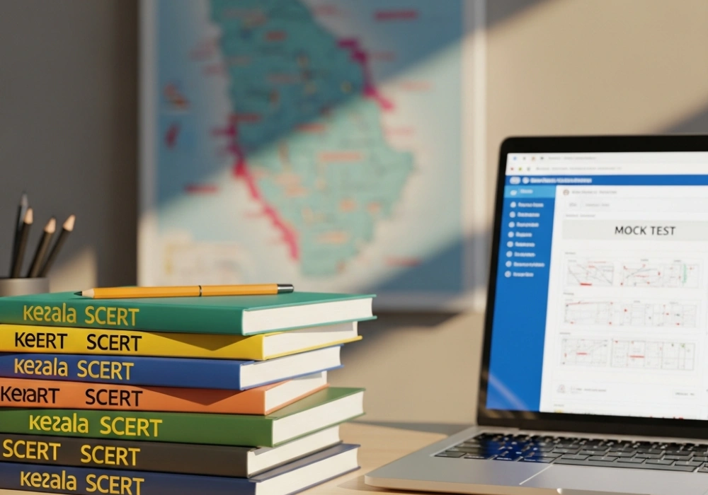 Kerala SCERT Textbooks for PSC exam preparation on a study desk with a map in the background.