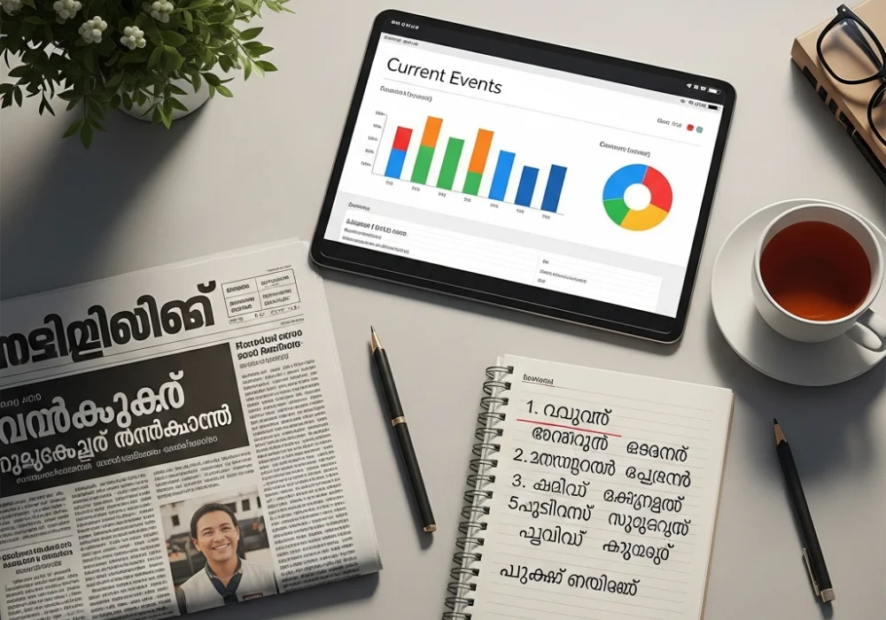 A professional study setup for Kerala PSC current affairs preparation featuring a Malayalam newspaper and a digital tablet.
