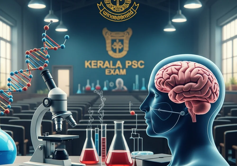 Scientific instruments and human biology graphics representing Kerala PSC General Science syllabus preparation.