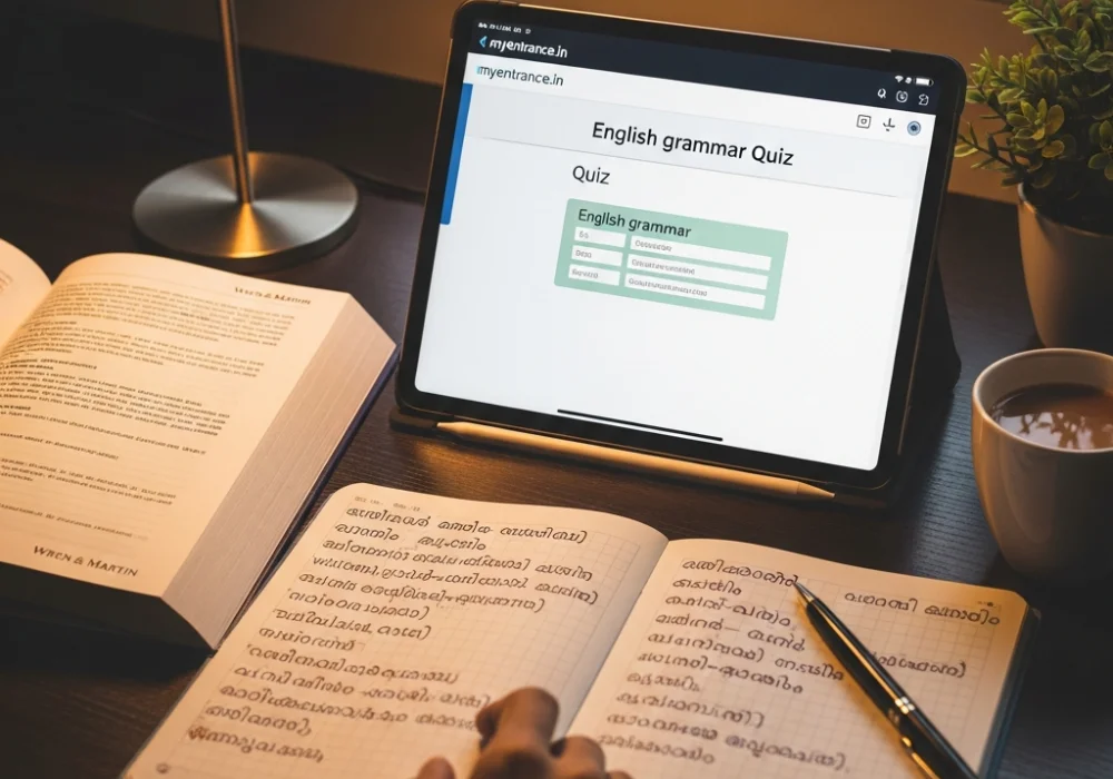 Kerala PSC English grammar study materials with a tablet showing mock test portal.