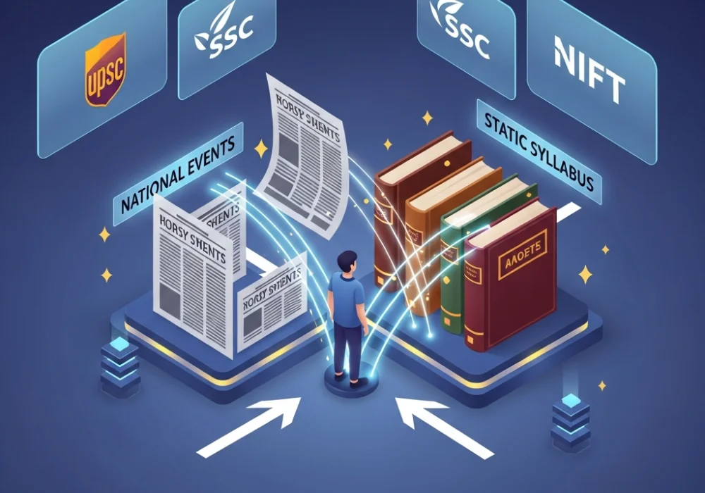 Illustration showing the integration of current events with static syllabus for competitive exams like UPSC and SSC.