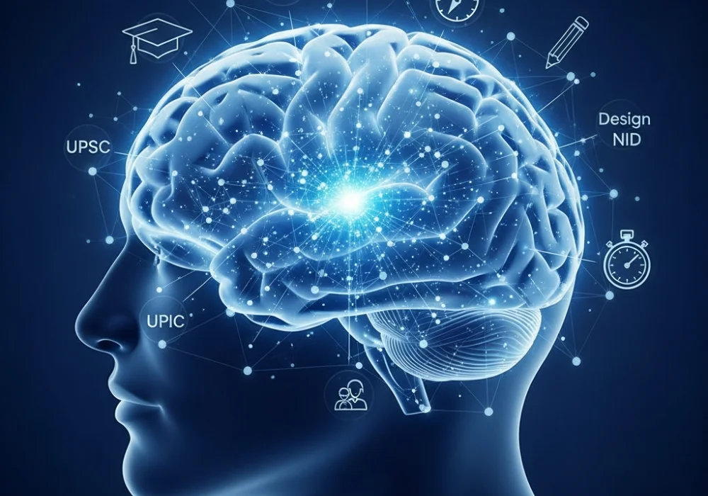 Illustration representing cognitive skill development and brain training for competitive exam preparation including UPSC, SSC, and NIFT.