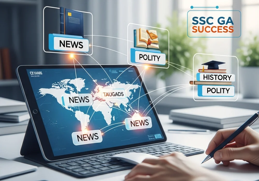 A professional digital illustration showing the connection between current affairs and static general knowledge for competitive exams.