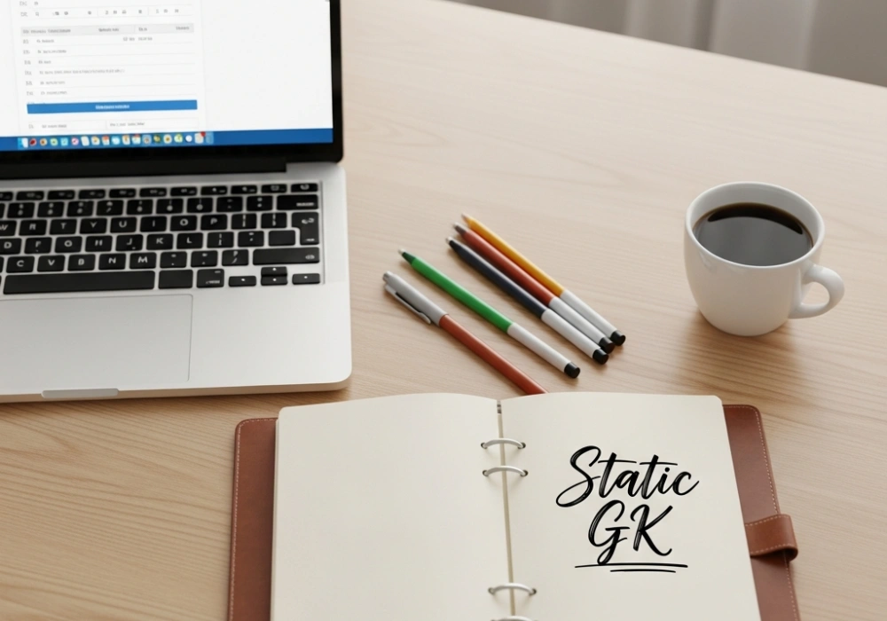 A professional study desk with a laptop and a notebook labeled Static GK, representing focused competitive exam preparation.