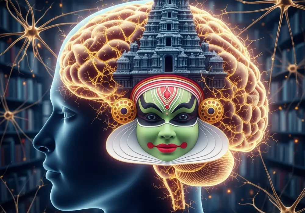 A glowing brain with cultural icons like a Kathakali mask and a temple representing memory hacks for cultural knowledge.