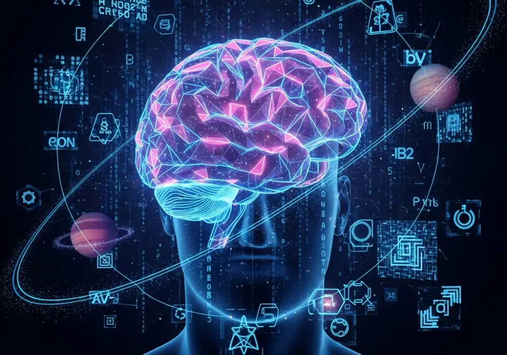 Vibrant memory palace visualization showing a glowing brain surrounded by alphabet codes and logical reasoning symbols for NIFT GAT preparation.