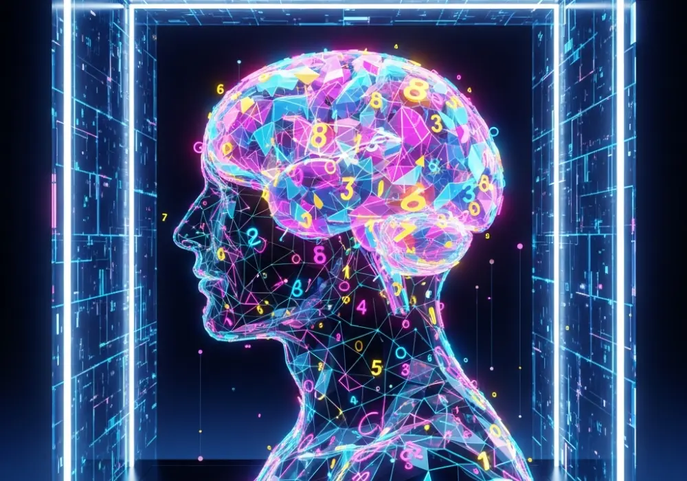 A digital art representation of a memory palace for learning number series, featuring a glowing brain and floating mathematical symbols.