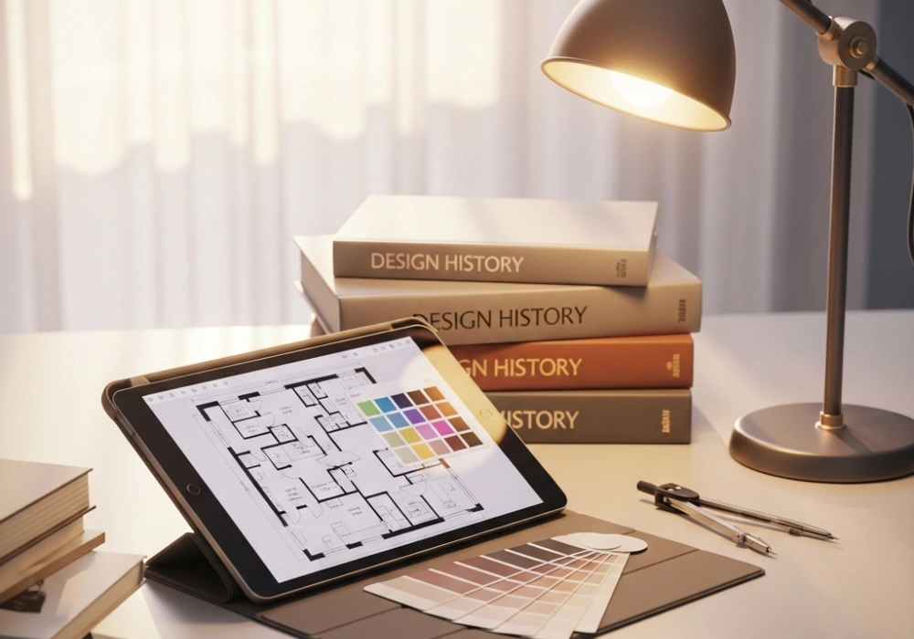 A creative workspace with design tools, books, and a tablet used for studying NID entrance exam current affairs.