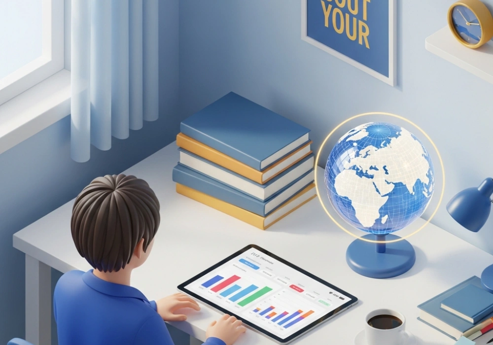A modern study desk setup for SSC exam preparation with a focus on current affairs digital tools and books.