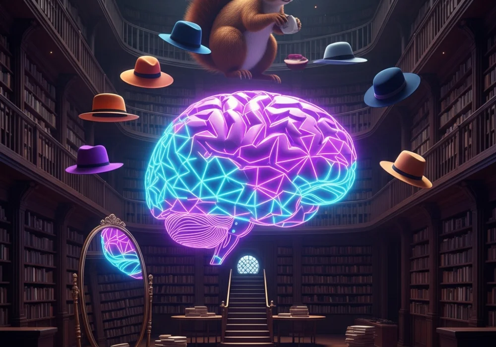 A glowing human brain in a surreal memory palace library representing lateral thinking techniques for NID DAT.