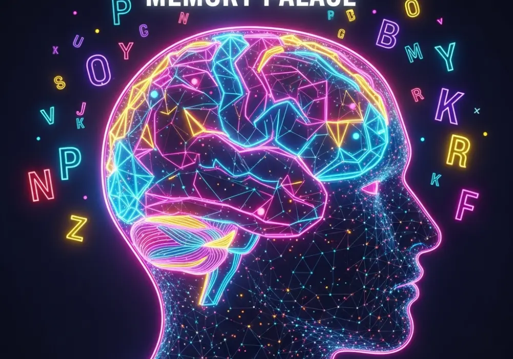 A glowing brain with letters and icons representing memory hacks for NID Verbal Ability.