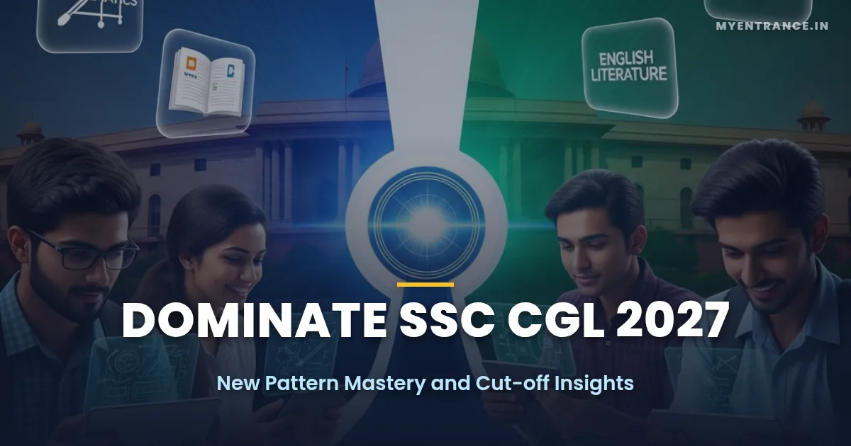 Students preparing for SSC CGL 2027 exam with modern digital tools and academic symbols.