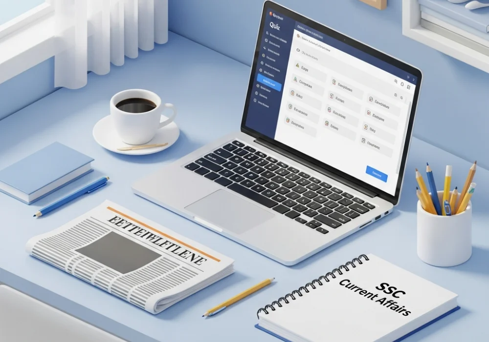Daily Current Affairs Quiz for SSC Exams preparation setup including a laptop, notebook, and study material.