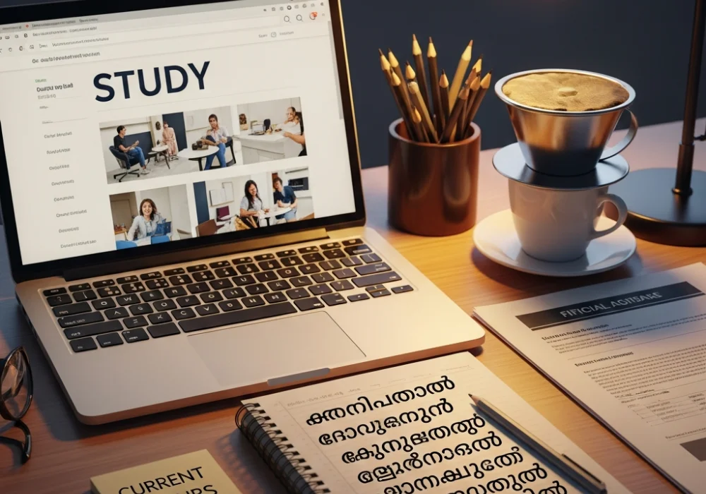 A professional study desk featuring Kerala PSC study materials, notes in Malayalam, and a digital device representing online preparation for current affairs.