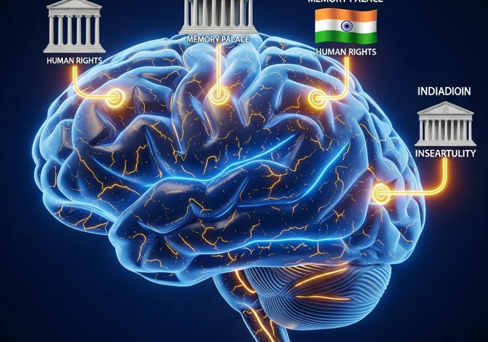 A glowing brain and memory palace representing Human Rights mnemonics for UPSC students.