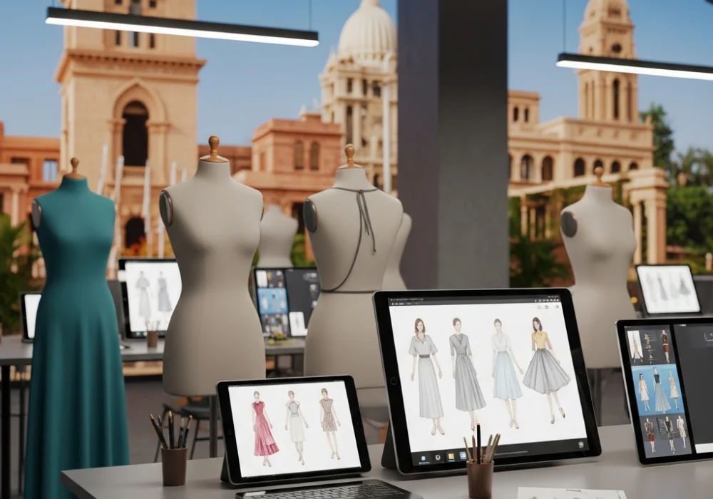 Top 10 NIFT college rankings and fashion design campus facilities illustration.