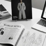 A modern study desk for a NIFT aspirant featuring fashion magazines, newspapers, and a sketchbook for GAT and CAT preparation.