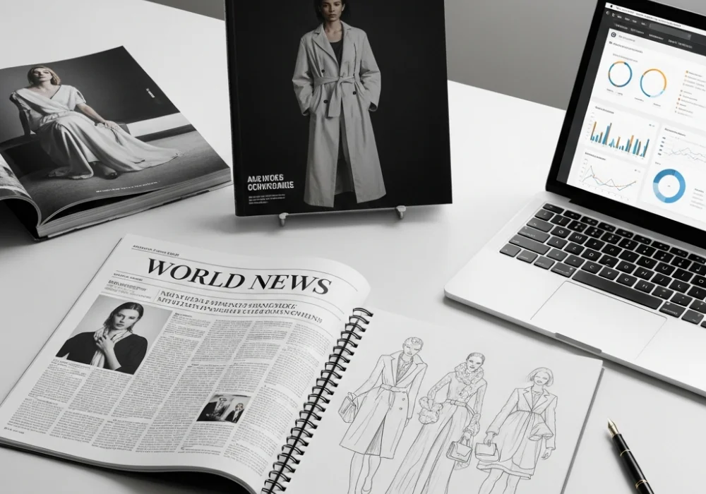 A modern study desk for a NIFT aspirant featuring fashion magazines, newspapers, and a sketchbook for GAT and CAT preparation.