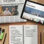 A professional study desk setup for UPSC preparation featuring newspapers and digital tablets.