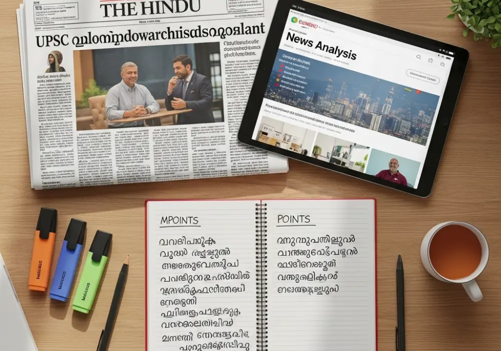 A professional study desk setup for UPSC preparation featuring newspapers and digital tablets.