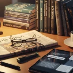 A professional study desk setup for UPSC Prelims preparation with newspapers and digital notes.