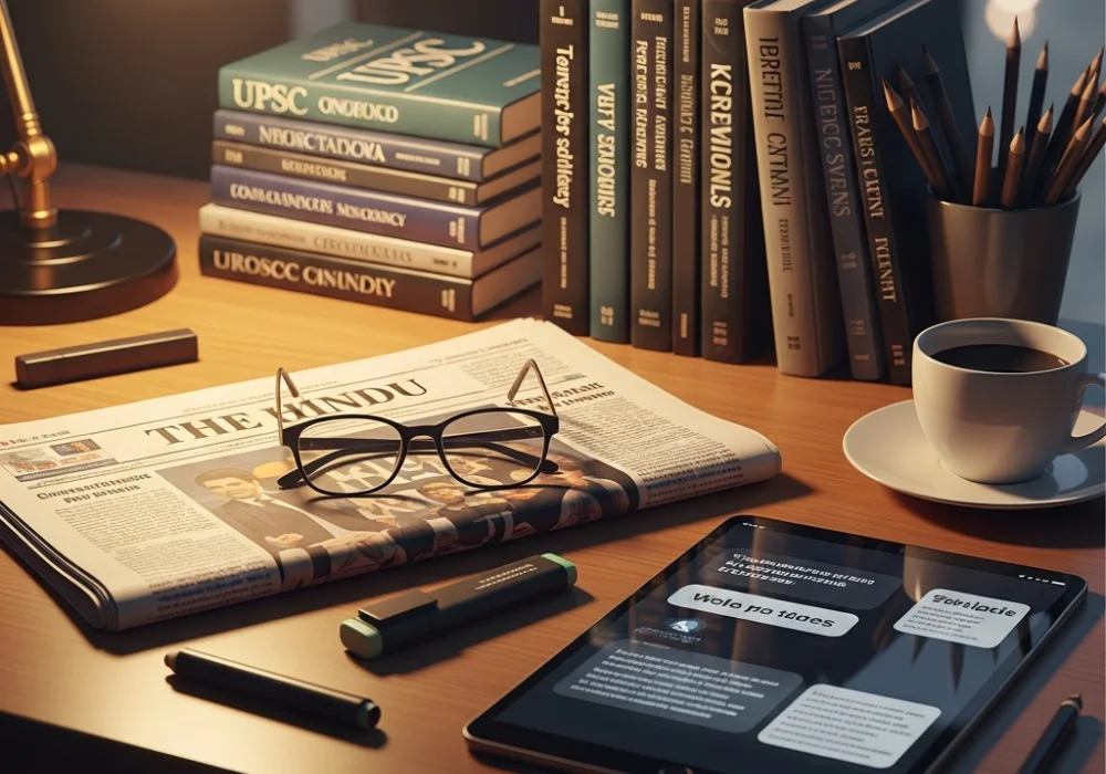 A professional study desk setup for UPSC Prelims preparation with newspapers and digital notes.