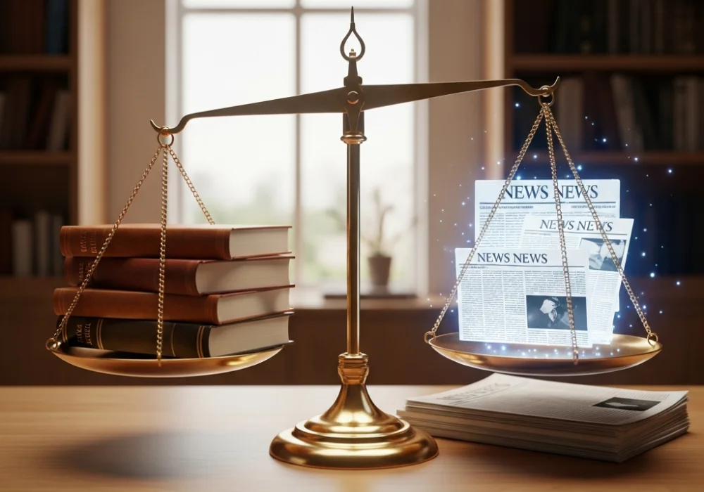 UPSC preparation balance between static syllabus and current affairs illustrated with books and news feeds on a scale.