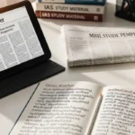 UPSC aspirant's study desk with newspapers, notebook, and coffee for morning current affairs preparation.