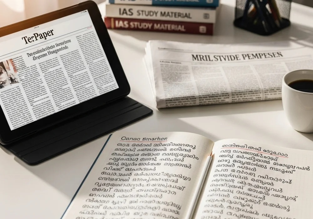 UPSC aspirant's study desk with newspapers, notebook, and coffee for morning current affairs preparation.