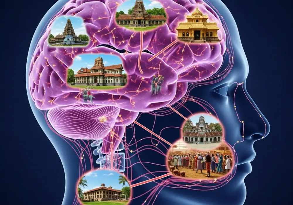 A glowing human brain representing a memory palace for Kerala historical movements and Satyagrahas.