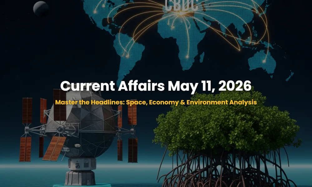 May 11, 2026 Current Affairs Dashboard showing Space Gateway, CBDC Trade, and Blue Carbon ecosystems.