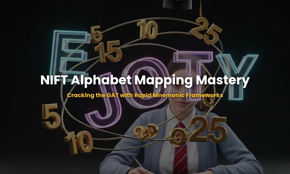 Aesthetic 3D visualization of EJOTY mnemonic alphabet mapping for NIFT preparation.