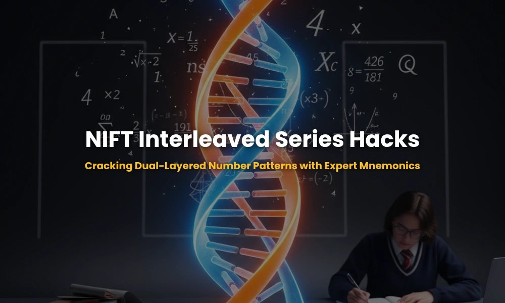Two intertwined glowing DNA-like strands representing interleaved number series logic for NIFT GAT reasoning.